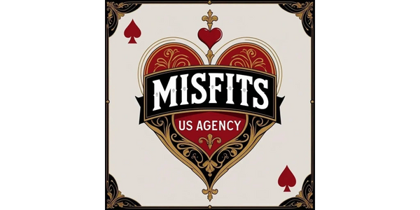 Vintage playing card design with 'Misfits US Agency' text inside a decorative heart.