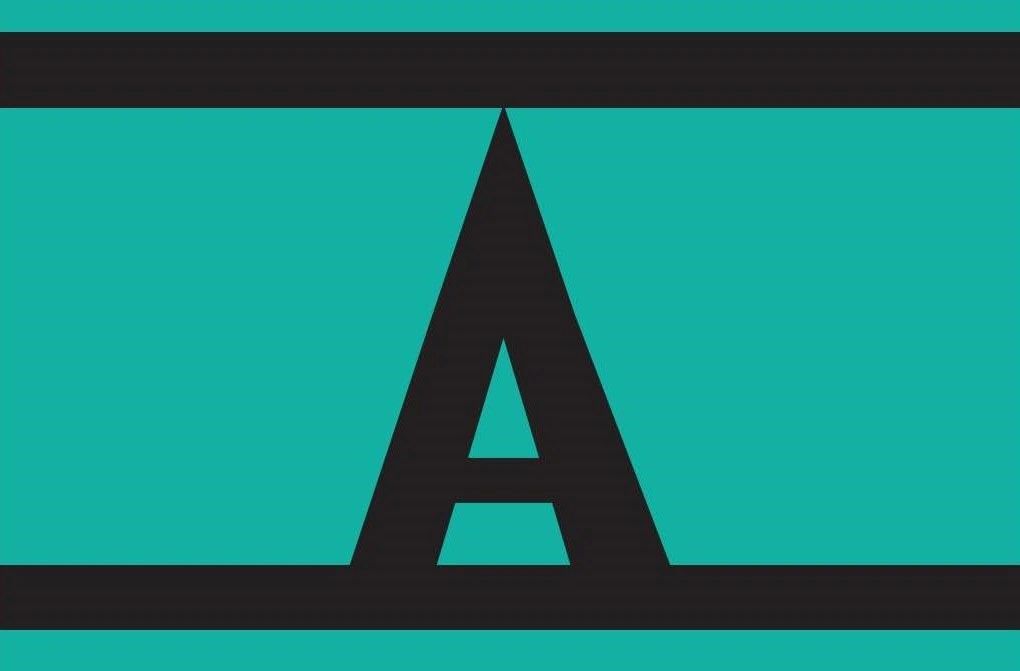 Capital letter A with an upper and lower black border, in a teal rectangle. 
