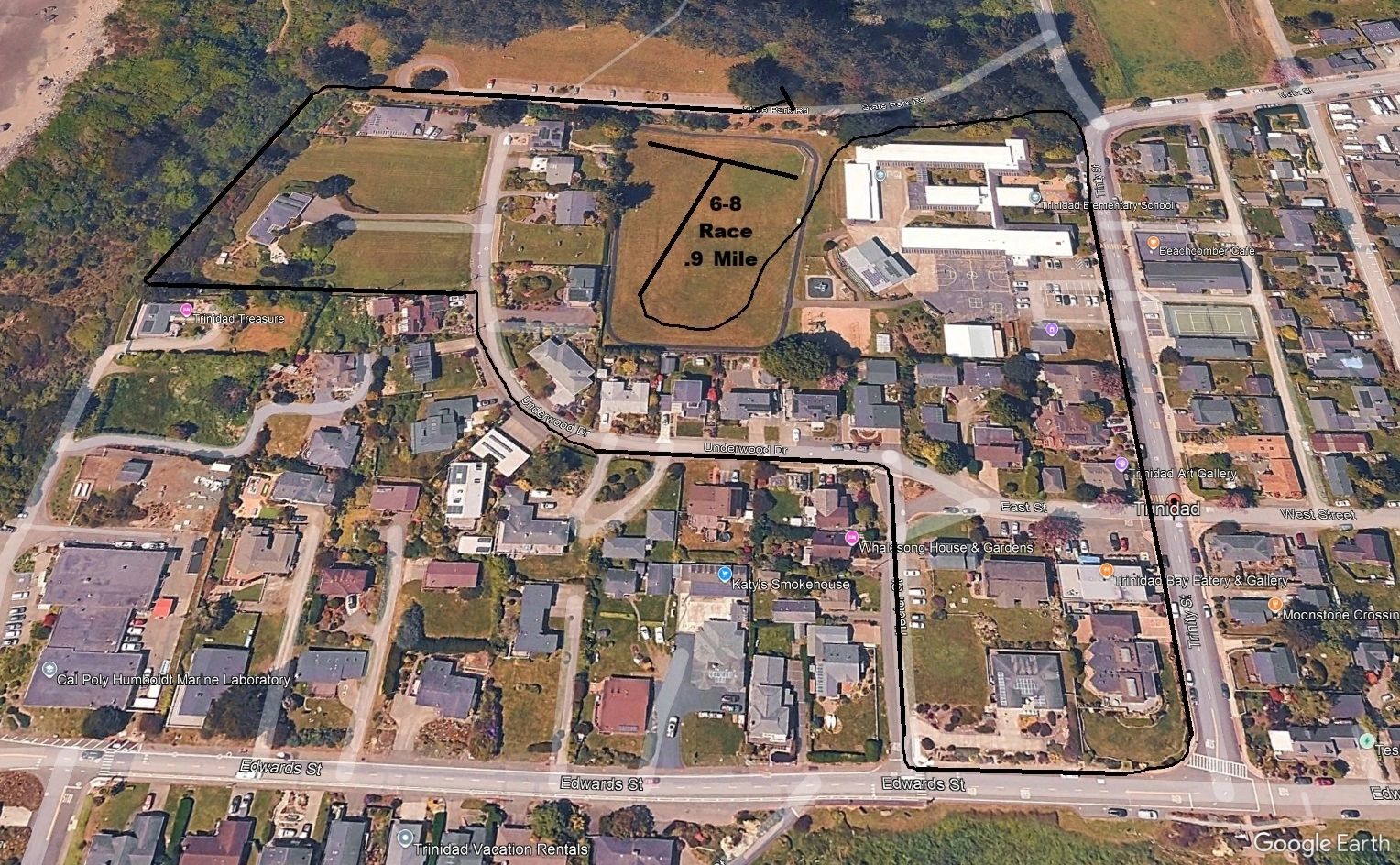 Aerial view of Trinidad with marked racing and boundary lines.