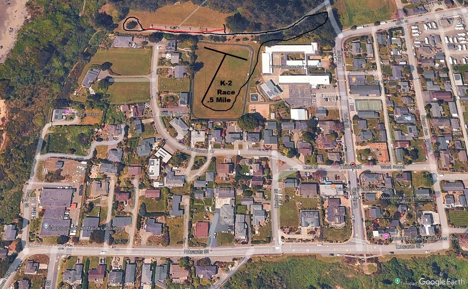 Aerial view of Trinidad with race routes marked.