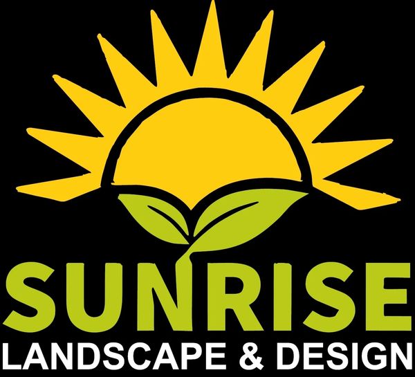 Logo with a sun, green leaves, and the text Sunrise Landscape & Design.
