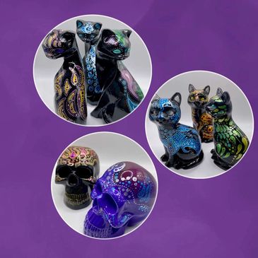 Hand painted unique ornaments, acrylic paint, resin, animals, cats, rabbits, skulls, quirky designs