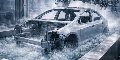 Car body undergoing water-based corrosion testing in a factory.