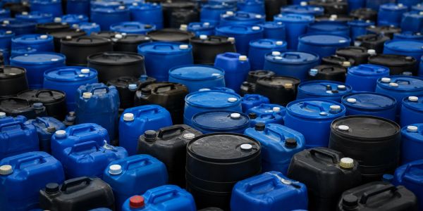 Rows of blue and black plastic barrels and containers tightly packed together.