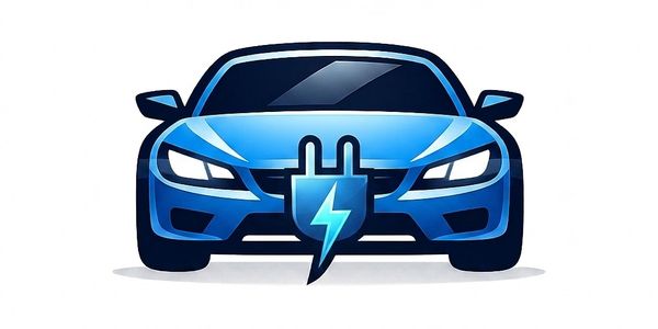 Blue electric car with a power plug symbol in front.