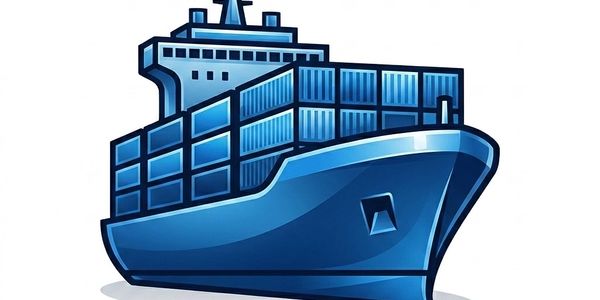 Illustration of a large blue cargo ship loaded with containers.