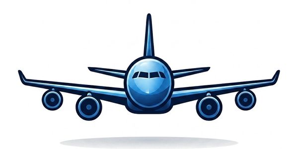 Front view of a blue cartoon airplane with four engines.