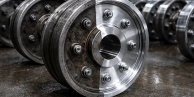 Half of a wheel hub is rusted, the other half is polished and clean.