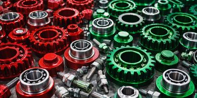 Red and green mechanical gears and bolts arranged on a surface.