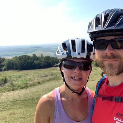 Noj & Sarah, owners of Active Bike Co out mountain biking on Kingley Vale in the South Downs.