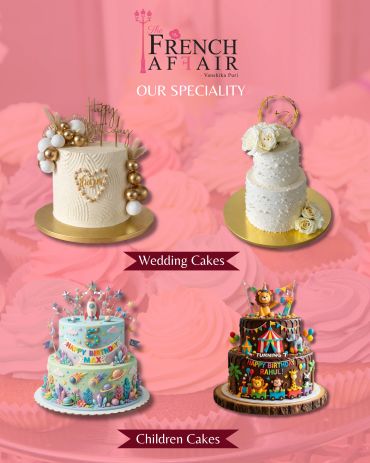 Elegant wedding and colorful children cakes from The French Affair bakery.