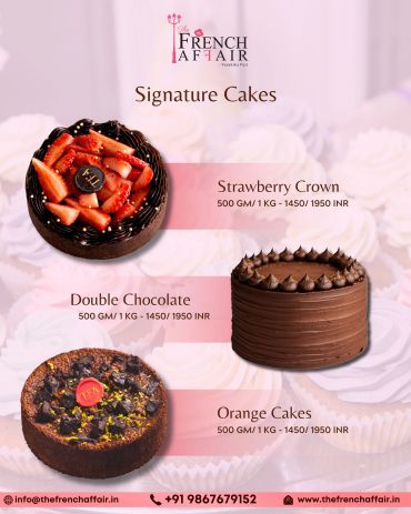 Menu of French Affair's signature cakes with prices for Strawberry Crown, Double Chocolate, and Orange Cakes.