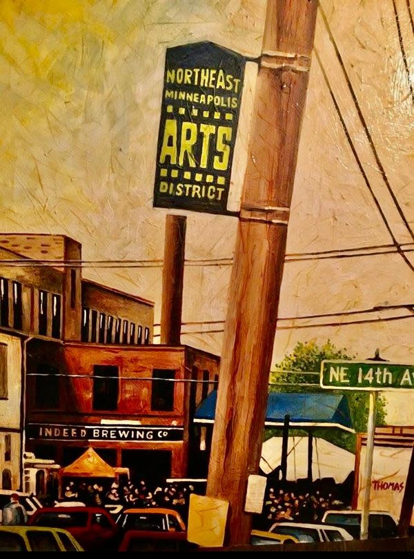 Painting of the MPLS Art District sign on a telephone pole with a series of buildings behind it.