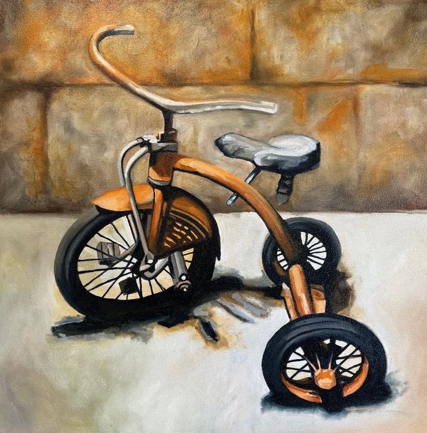Painting of an orange trike against a rust and gray colored block wall.