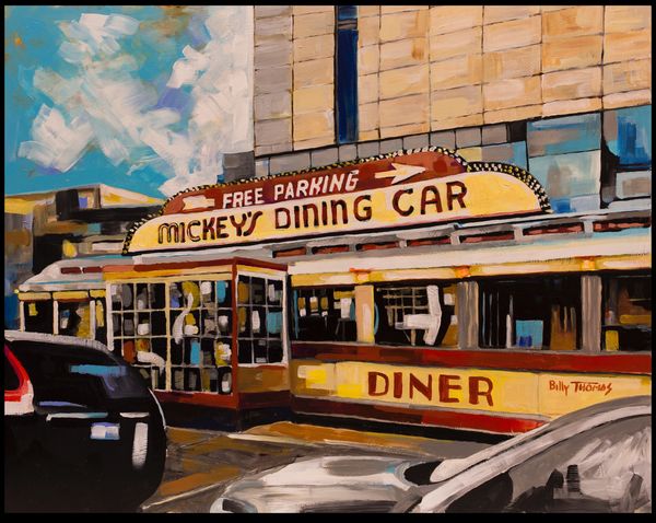 Painting of Micke's Dining Car with people on the inside and cars out front. 
