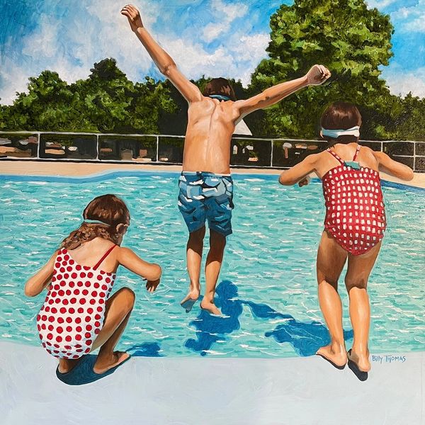 Painting of three children jumping into the pool with clouds, a fence and lots of trees behind them.