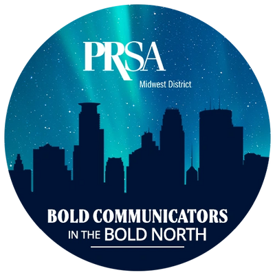 PRSA Midwest District logo with a bold city skyline under a starry night sky.