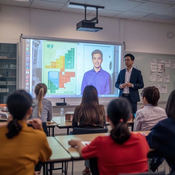 A man giving a presentation to an audience in a classroom setting.