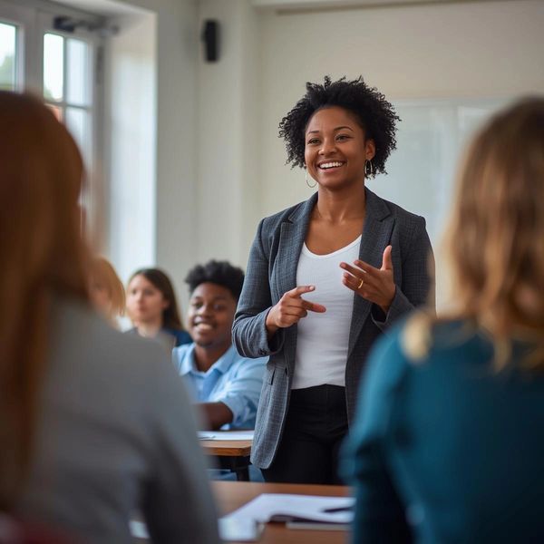 A confident woman leads a discussion in a classroom setting.