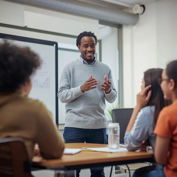 Man giving a presentation to colleagues in a meeting room.