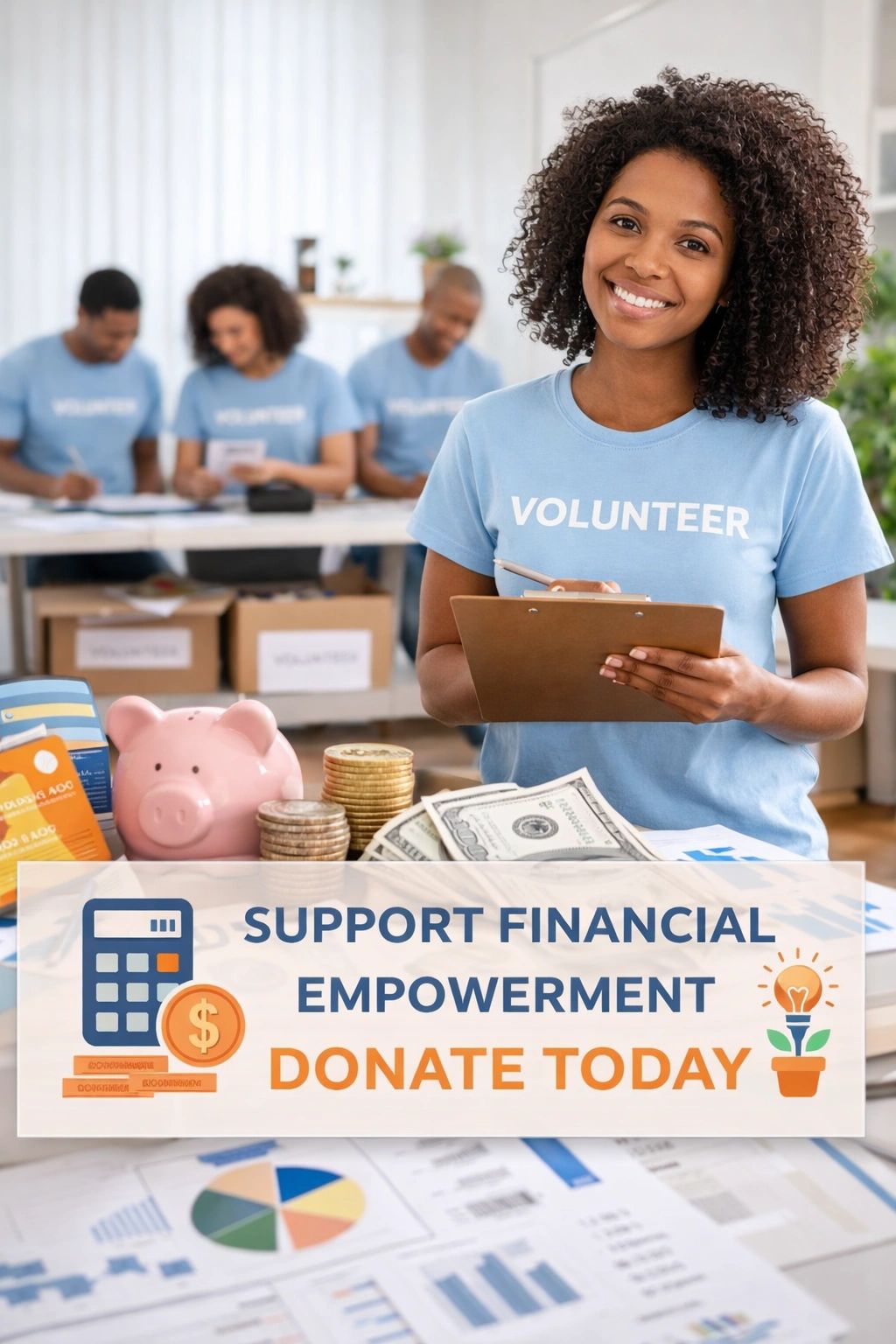 Smiling volunteer promoting financial empowerment and donations with money and charts.
