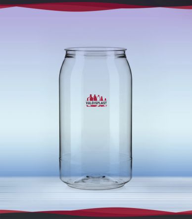 Tarro de vidrio transparente con etiqueta roja.
