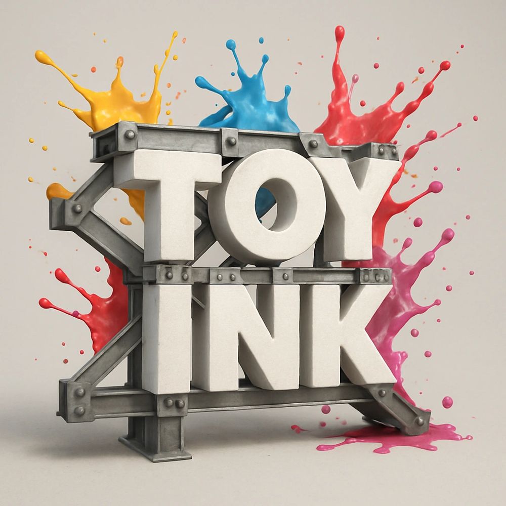 3D text 'TOY INK' with colorful paint splashes behind it.