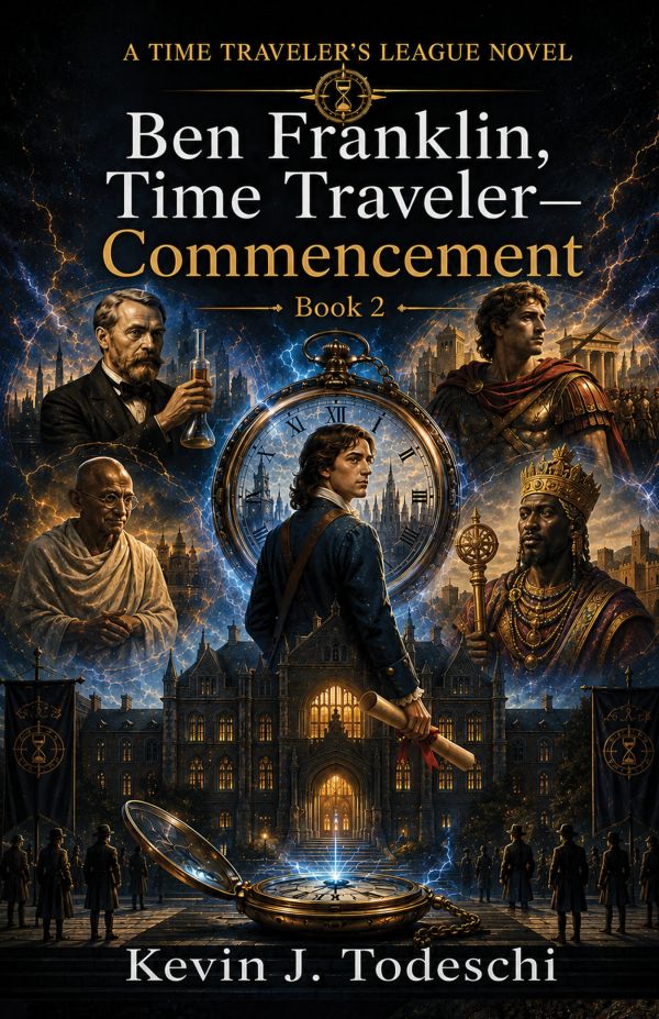 Book cover of 'Ben Franklin, Time Traveler—Commencement' by Kevin J. Todeschi.