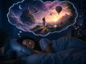 A woman dreaming of a magical fantasy world with castles and hot air balloons.