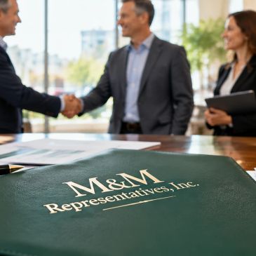Two businessmen shaking hands with a woman nearby.