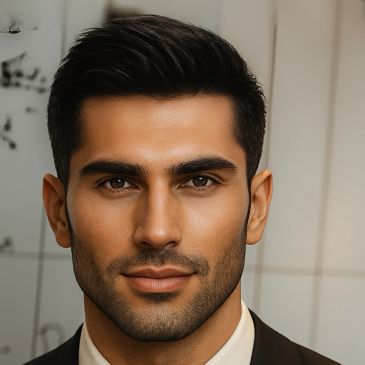 Close-up portrait of a confident man with dark hair and a trimmed beard.
