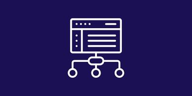 White network diagram icon on dark blue background.