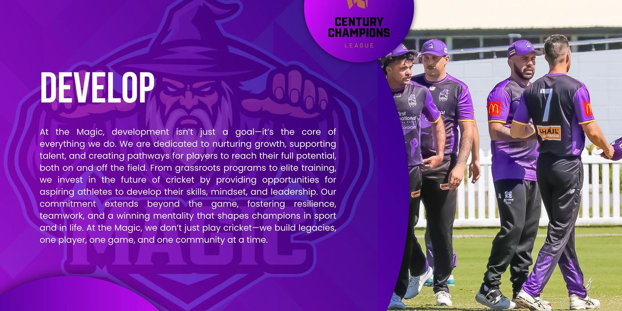 Cricket players in purple uniforms with a mission to develop skills and build legacies.