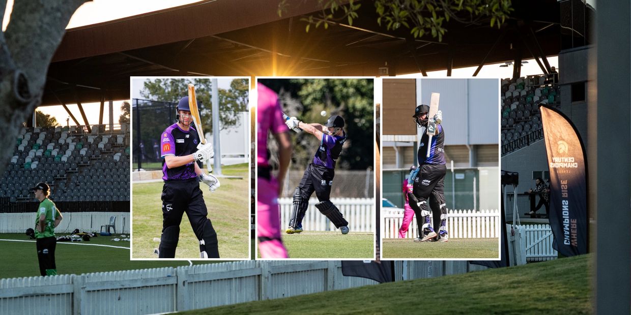 Cricket players in action during a sunny match at a stadium.