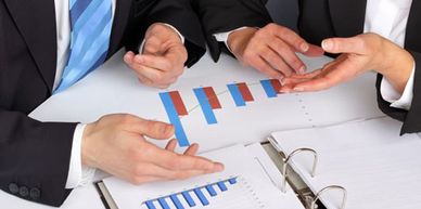 Business people discussing charts and data in a meeting.
