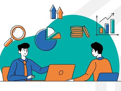 Two professionals discussing data and financial charts at a desk.