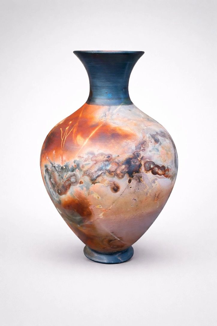 Artistic vase with vibrant blue and orange hues.