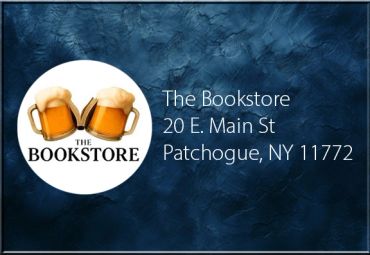 Logo and address of The Bookstore with two beer mugs.