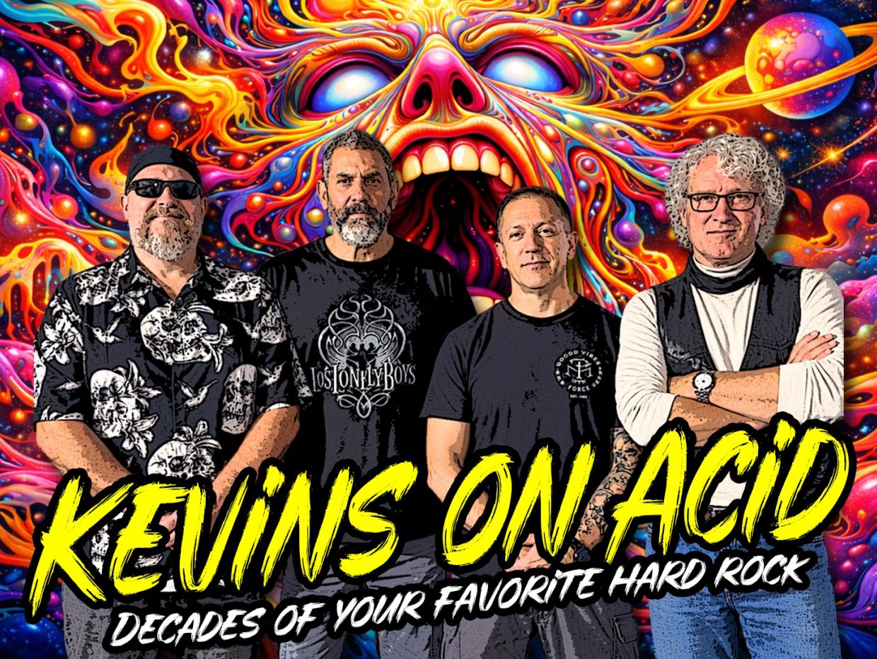 Rock band Kevins On Acid with psychedelic background.