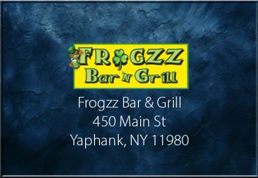 Sign for Frogzz Bar &amp; Grill in Yaphank, NY.