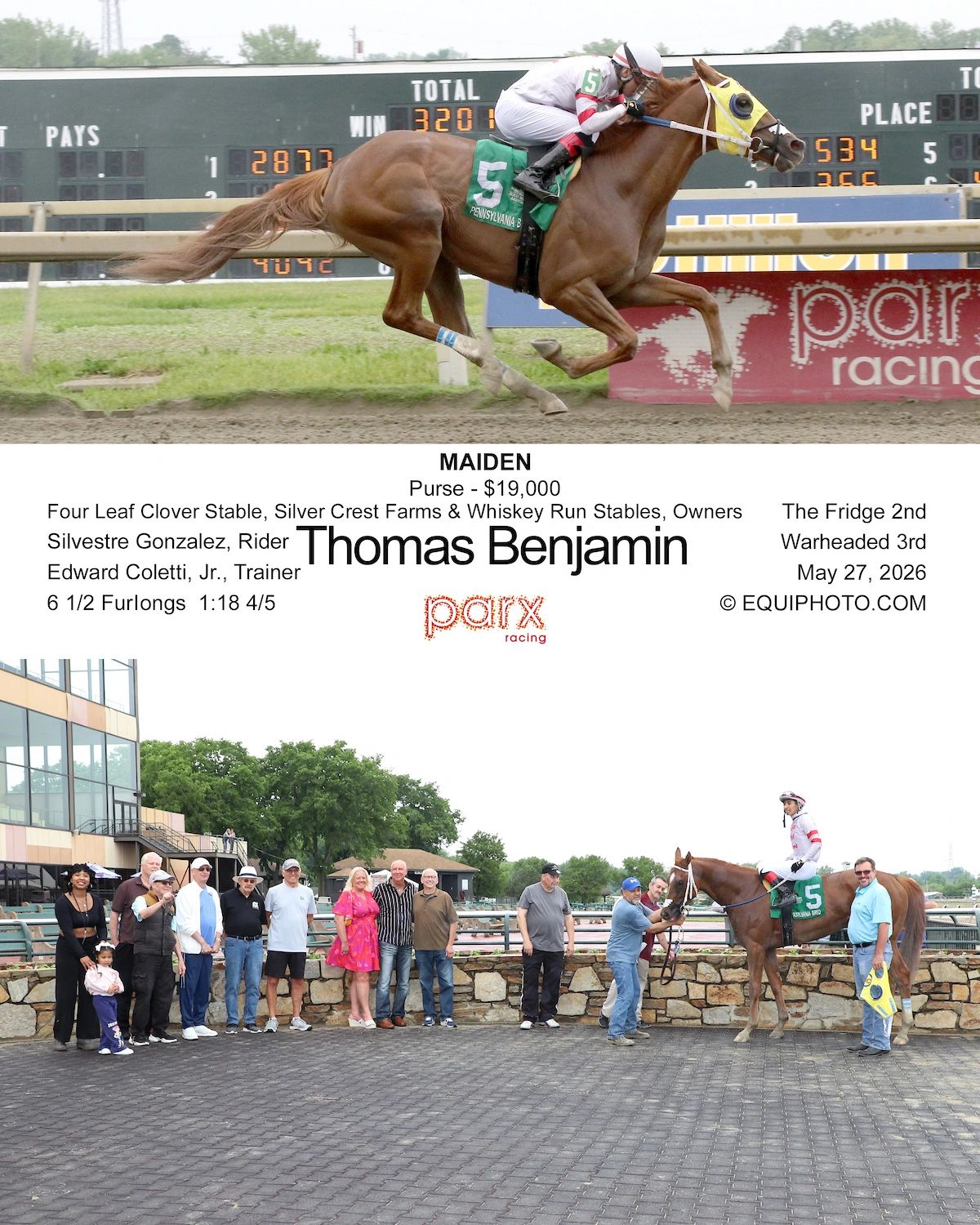 Racehorse Thomas Benjamin wins at Parx Racing with jockey Silvestre Gonzalez.