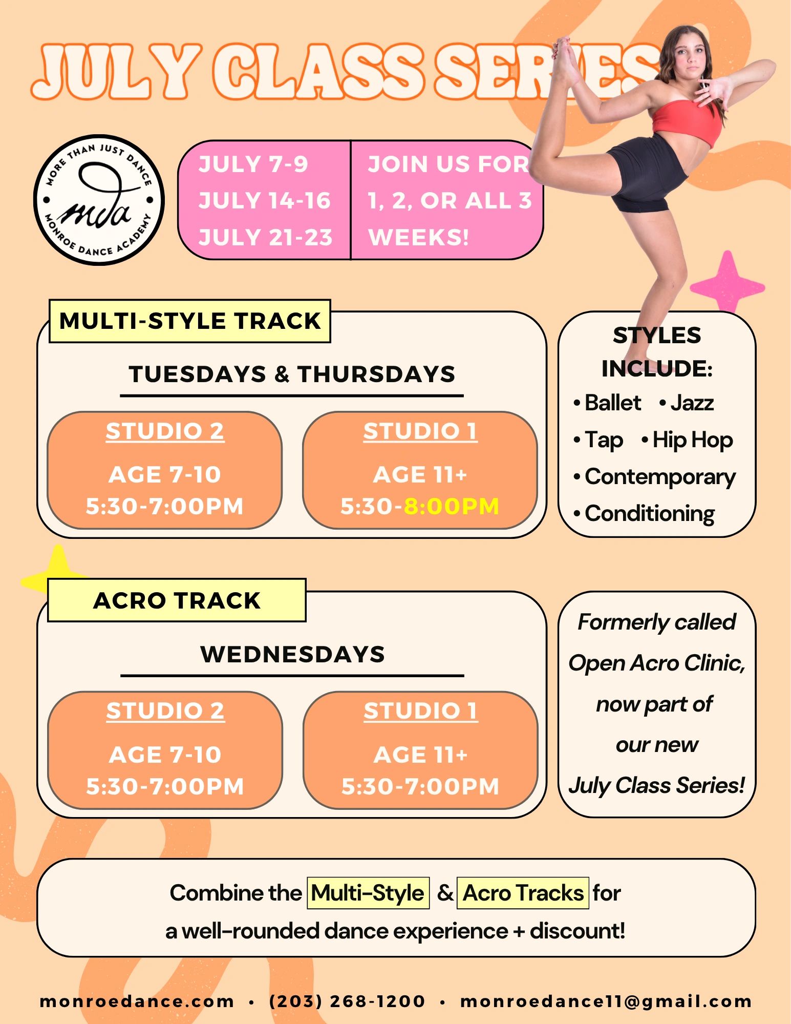 Monroe Dance Academy's July Class Series offers multi-style and acro tracks for ages 7 and up.