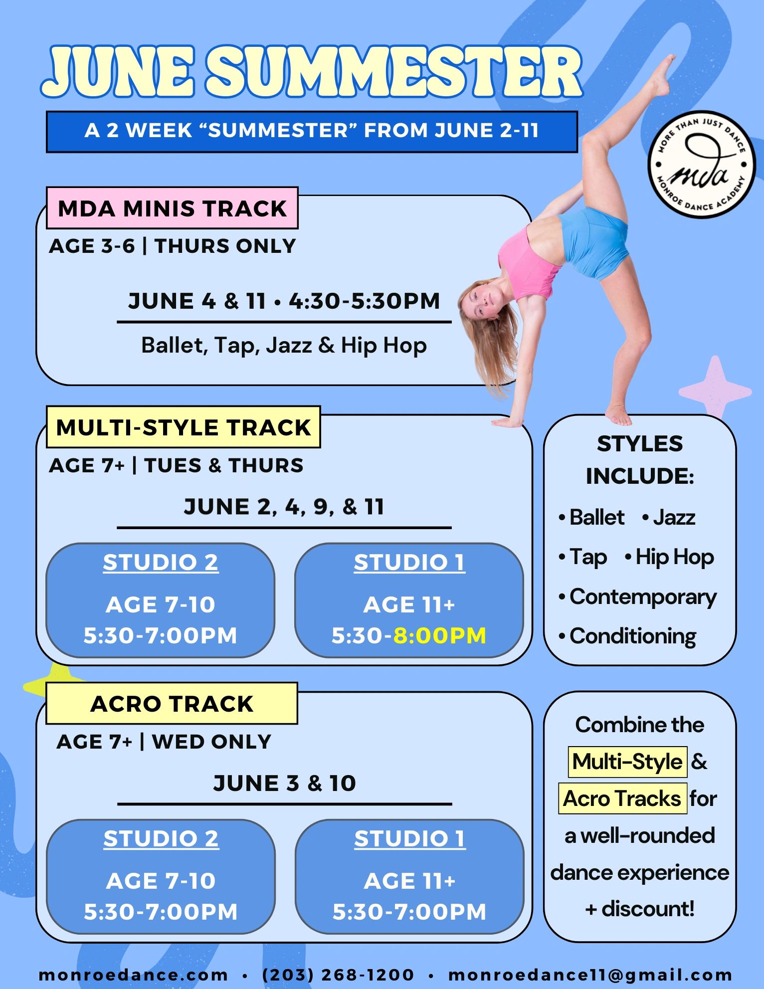 June summer dance programs for kids at Monroe Dance Academy with multiple styles and tracks.
