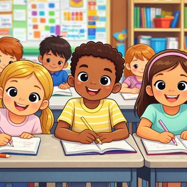 Happy children drawing and learning together in a colorful classroom.