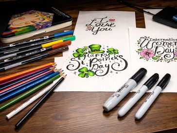 Art supplies and hand-lettered greeting cards on a wooden table.