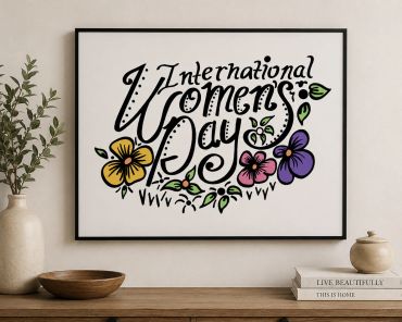 Decorative International Women's Day poster on wall.