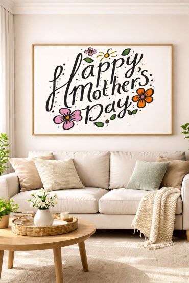 Living room with 'Happy Mothers Day' wall art and cozy decor.