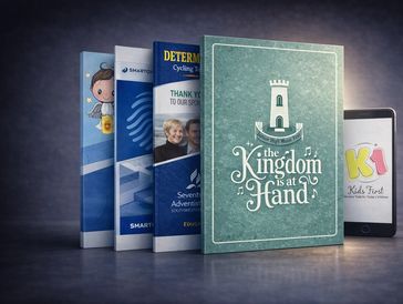 A stack of colorful brochures and a tablet.