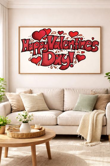 Valentine's Day artwork above cozy sofa.