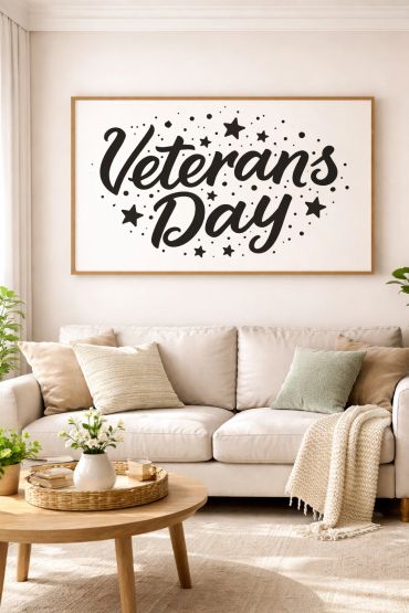 Cozy living room with a Veterans Day sign.